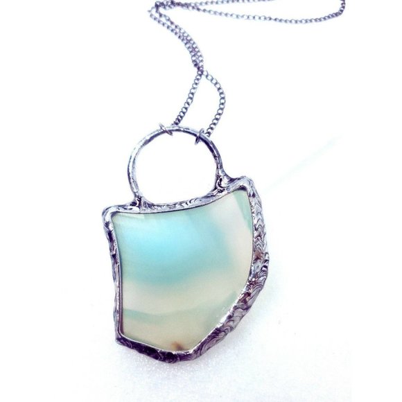 Blue agate crystal necklace handmade gothic metalwork fantasy jewelry beach gems - Picture 8 of 12